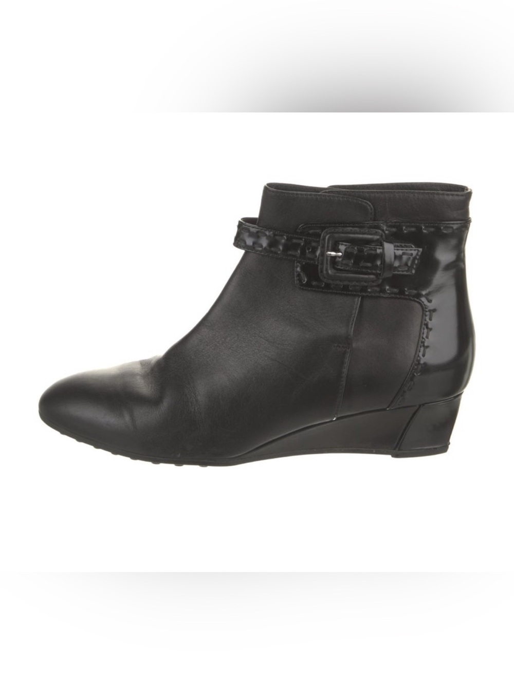 Tod's Black Leather Ankle Wedge Boot with Buckle Strap